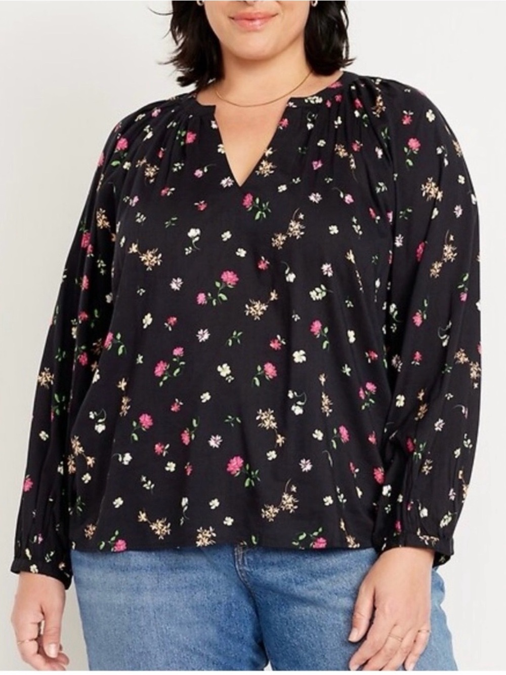 Old Navy Black Floral V-Neck Long Sleeve Blouse